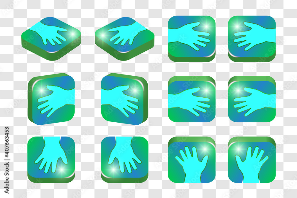 3d isometric set of square icons. Human hand with spread fingers and bright highlights. EPS10