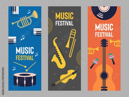 Music festival banner vector illustration set with music instrument icon

