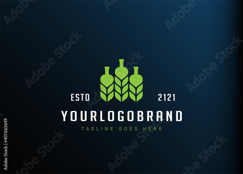 Wheat beer logo design inspiration. Vector illustration of three wheat plants resembling bottles. Modern vintage icon design template with line art style.