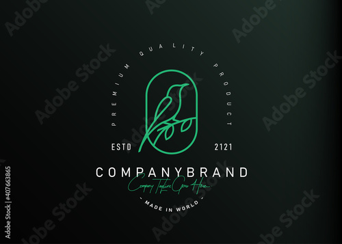 Bird logo design inspiration. Vector illustration of a bird perching on a branch. Modern vintage icon design template with line art style.
