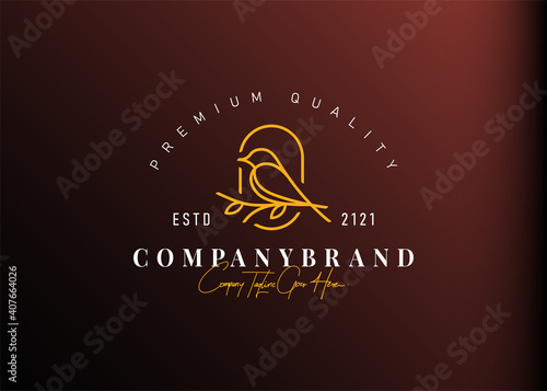 Bird logo design inspiration. Vector illustration of a bird perching on a branch. Modern vintage icon design template with line art style.