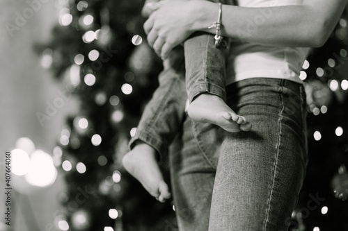 black and white image of mother and her son