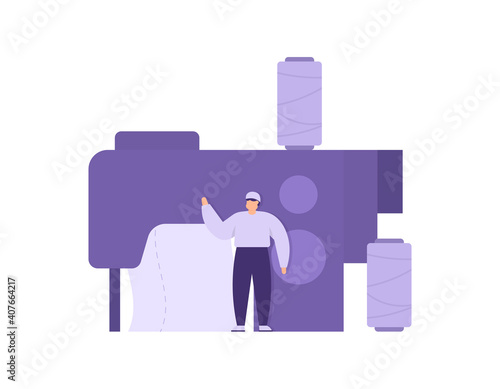 the concept of a tailor or sewing operator. illustration of employee or worker standing, sewing machine, thread spool, cloth. the convection business. flat style. design elements.