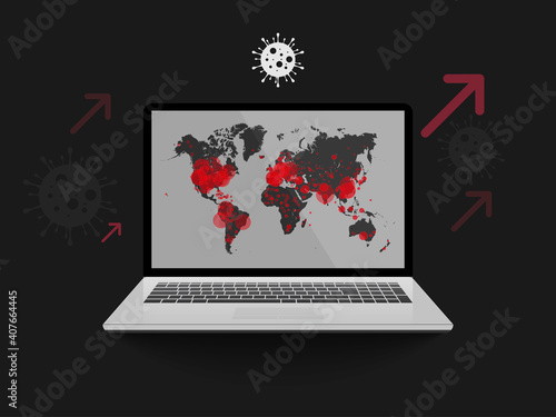 Coronavirus concept. Covid, pandemic or virus infection world map on Notebook Screen. Vector attention and alert illustration