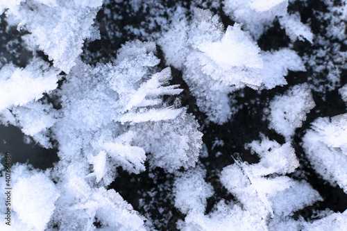 Frozen snowflakes on ice on a winter lake. Background texture. Horizontal orientation. © Inna