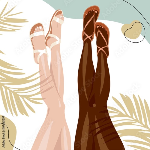 vector illustration of slender naked legs on the beach, shadow from a palm tree, sea and sand on the background, a couple of ladies sunbathe