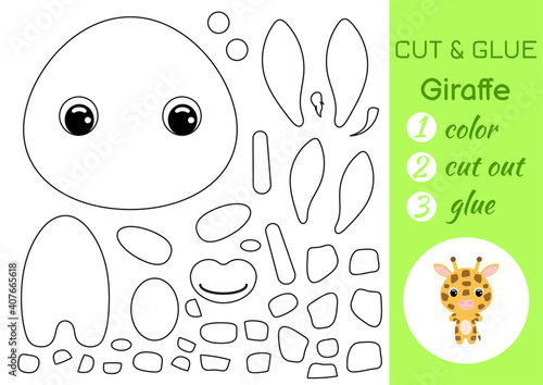 Coloring book cut and glue baby giraffe. Educational paper game for preschool children. Cut and Paste Worksheet. Color, cut parts and glue on paper. Vector illustration.