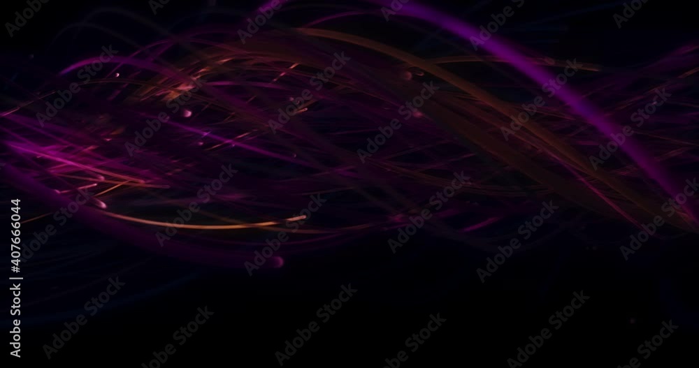Twisting bundle of orange and pink fibres moving across black background Twisting bundle of orange and pink fibres moving across black background