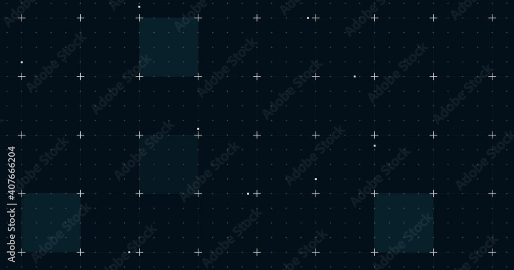Animation of blue squares with white markers over grid background