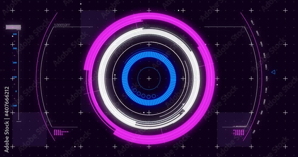 Animation of glowing scope scanning and spinning with markers on grid background