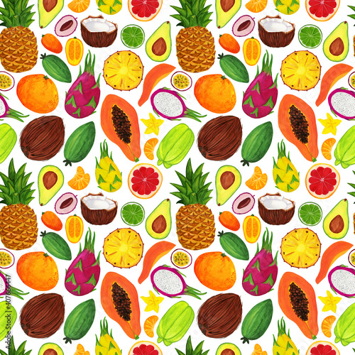 Fototapeta Naklejka Na Ścianę i Meble -  Watercolor exotic juicy fruit seamless pattern
