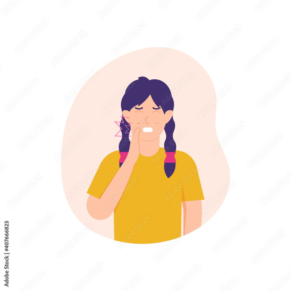 illustration of a woman holding her cheek with her hand due to toothache and swollen cheek. have goiter, mouth or gum disease. the expression of the sick and unhealthy. flat style. design elements. illustration of a woman holding her cheek with her hand due to toothache and swollen cheek. have goiter, mouth or gum disease. the expression of the sick and unhealthy. flat style. design elements.