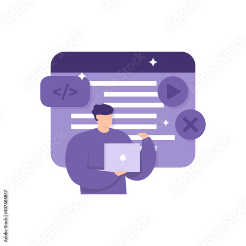 a concept of a full stack developer, programmer, web development. illustration of a man creating and running a program. using a laptop and coding. flat style. vector design elements