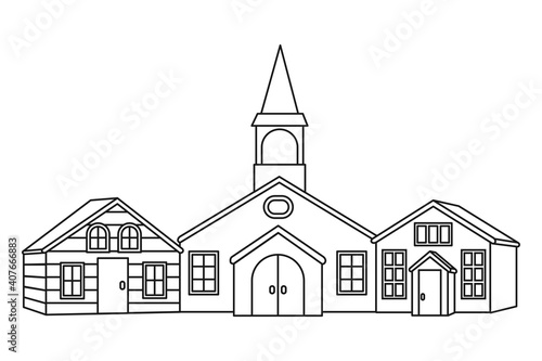 Line art black and white town street
