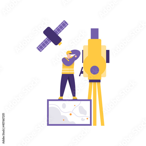 the concept of a geodetic surveyor, surveying an area. illustration of a worker using a theodolite for mapping. satellite and gps. flat style. vector design element