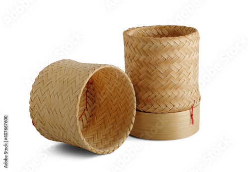 Sticky rice basket container from bamboo (kratip) isolated on white background with clipping path.
