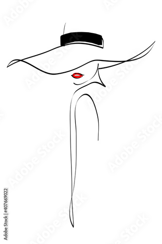 Woman in hat drawing with lines, fashion vector illustration, minimalist, ideal for t-shirt, print design, covers, web