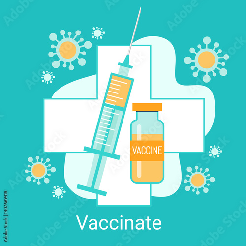Immunization campaign. Vaccination concept. Health care and medical treatment .. Syringe and vial against the virus.