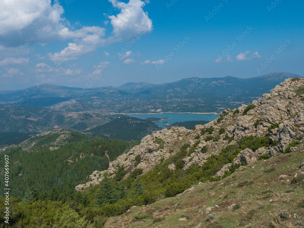 view of the National Park of Barbagia with blue lake lago Alto del Flumendosa, limestone rocks, green forest, hill and mountains. Central Sardinia, Italy, summer day