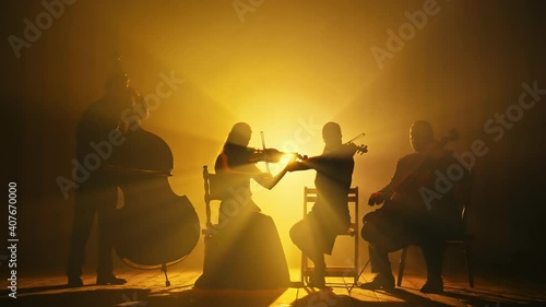 Silhouettes of Musicians Playing the Violin, Cello, Double Bass on the Big Stage of the Concert Hall in the Smoke on a Dark Background.