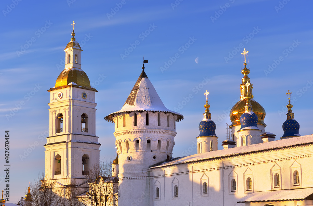Tobolsk Kremlin in winter. Towers and domes of Gostiny Dvor, St. Sophia's Assumption Cathedral and bell towers, ancient Russian architecture of the XVII century in the first capital of Siberia