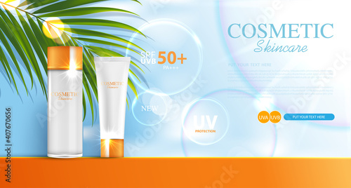 Sunblock ads template, sun protection cosmetic products design with moisturizer cream or liquid, sunshine and the beach background, vector design