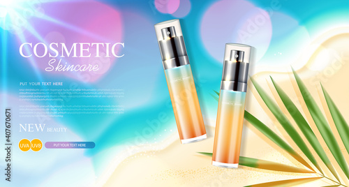 Sunblock ads template, sun protection cosmetic products design with moisturizer cream or liquid, sunshine and the beach background, vector design