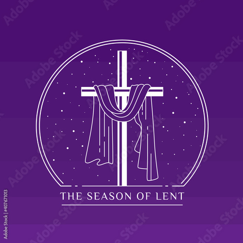 the season of lent banner with white line Cloth wrapped around crucifix in circle on purple background vector design