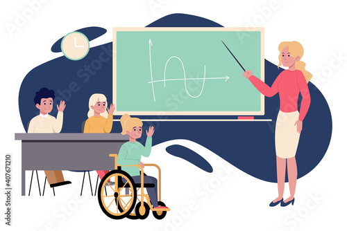 Inclusive education kids in a classroom. Flat design illustration. Vector