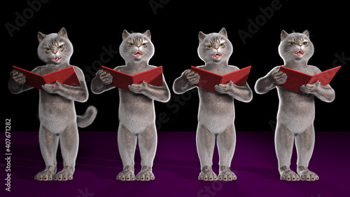 Slika na platnu Vocal quartet of anthropomorphic cats standing and singing from notes in red musical score folders