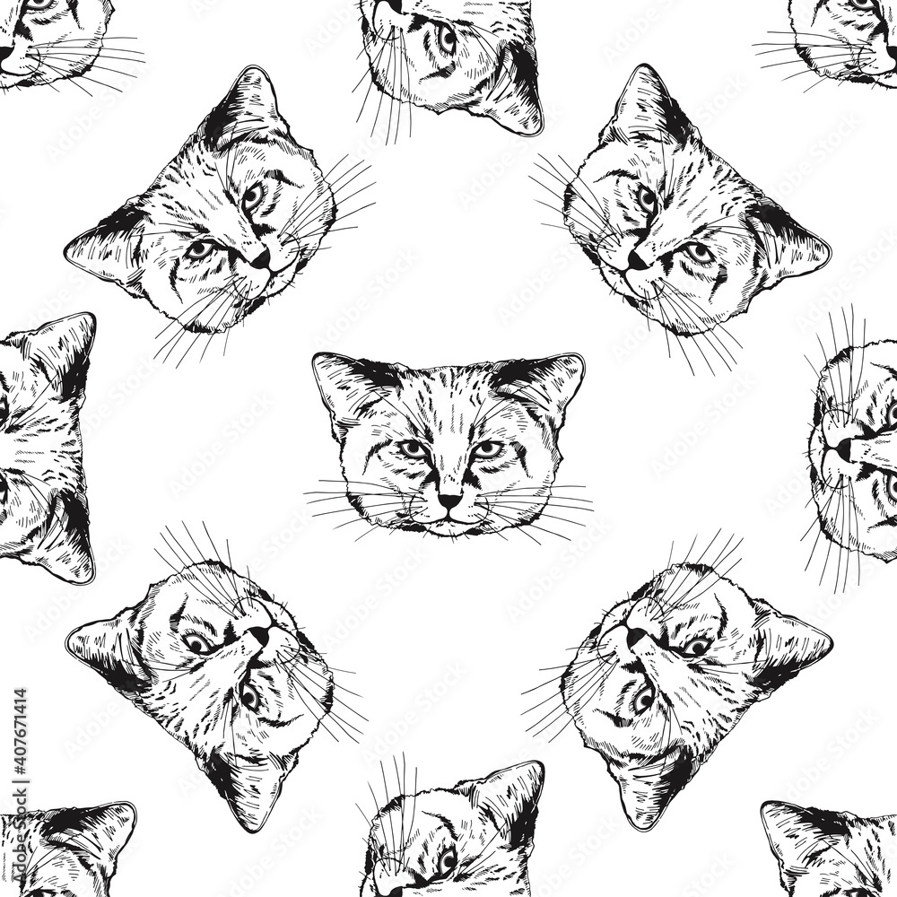 Seamless pattern of hand drawn sketch style sand cats isolated on white background. Vector illustration.