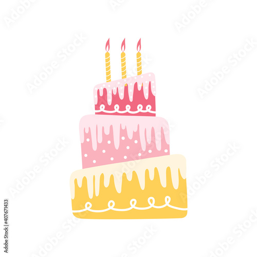 Happy holiday cream cake with three tiers. Decorated birthday cake with burning candles isolated on a white background. Logo for a bakery or pastry shop. Festive sweets. Hand drawn vector illustration