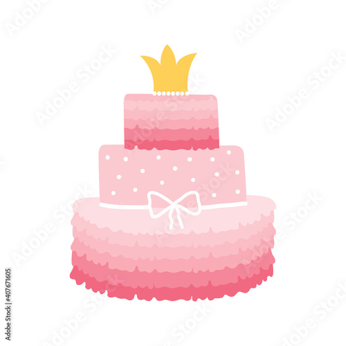 Happy holiday pink cake in three tiers for a little princess. Birthday cake with gold crown and bow isolated on white background. Logo for a bakery or pastry shop. Festive sweets. Vector illustration.