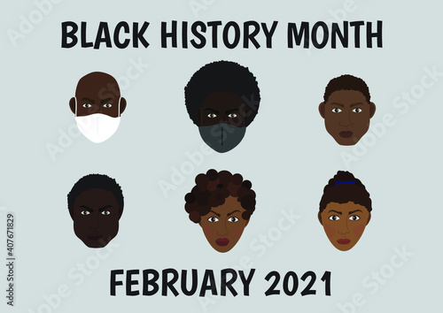 Black History Month characters wearing face masks vector illustration