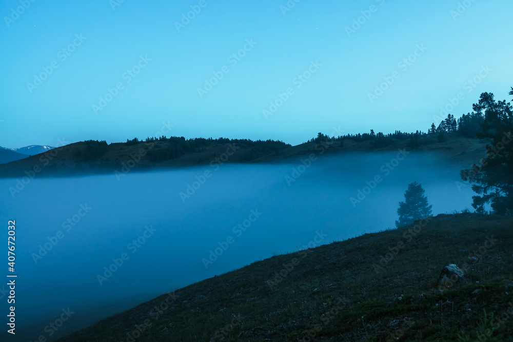 Atmospheric mountain landscape with silhouette of tree on hill above dense fog under twilight sky. Alpine scenery with hills silhouettes over thick fog in night. Big low cloud among hills in dusk.