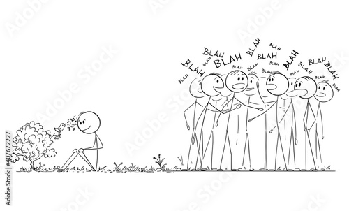 Fotografija Man is hearing the singing of bird, crowd of people is chattering and ignoring beauty of nature, vector cartoon stick figure or character illustration