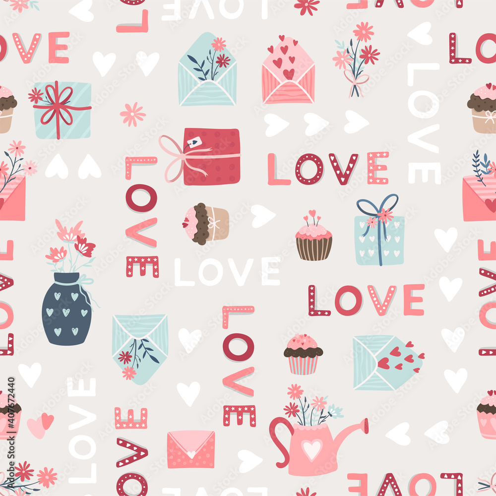 Lovely hand drawn Valentine's Day seamless pattern, cute design elements, boho style, great for wrapping, textiles, fashion, banners, wallpapers - vector design