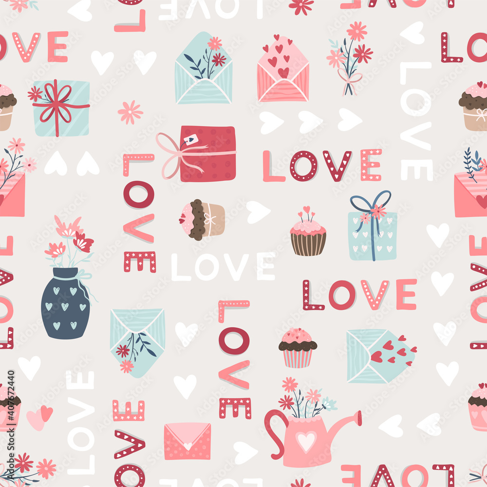 Lovely hand drawn Valentine's Day seamless pattern, cute design elements, boho style, great for wrapping, textiles, fashion, banners, wallpapers - vector design Lovely hand drawn Valentine's Day seamless pattern, cute design elements, boho style, great for wrapping, textiles, fashion, banners, wallpapers - vector design