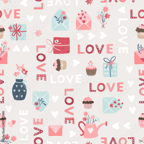 Lovely hand drawn Valentine's Day seamless pattern, cute design elements, boho style, great for wrapping, textiles, fashion, banners, wallpapers - vector design