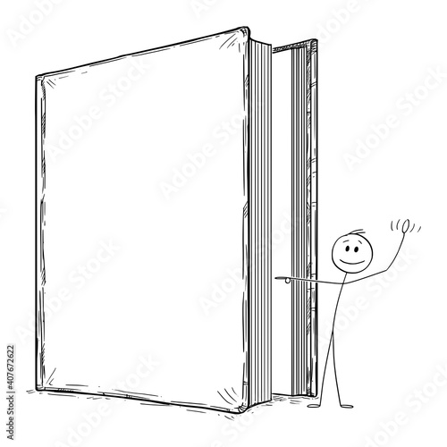 Book character is inviting readers to read his story and enter his world, vector cartoon stick figure or character illustration.