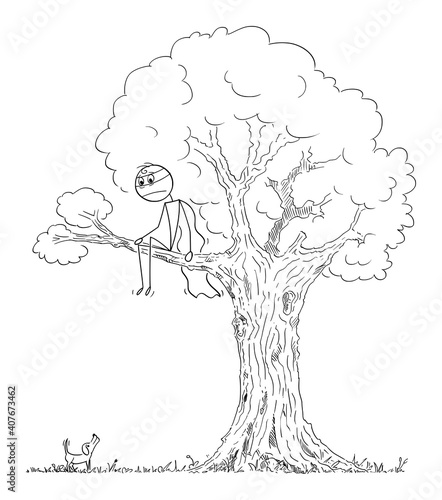Frightened hero or superhero is hiding from small dog sitting on branch of the tree, vector cartoon stick figure or character illustration.
