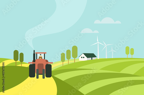 Illustration of a tractor moving through a farm with farm house and wind mills