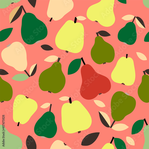 Bright fruit seamless pattern with colorful pears on the pink background. Fruit repeated background. Vector bright print for fabric or wallpaper.
