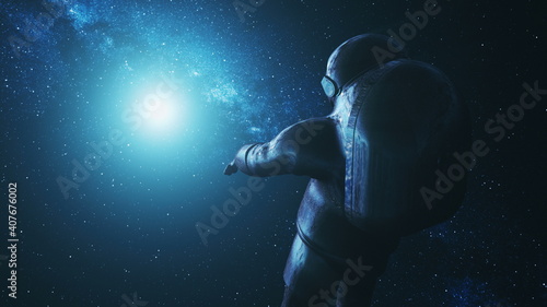 Close-up astronaut in outer space. Cosmos research at far sun light. Solar disk with cosmonaut in modern pressure spacesuit. Spacer exploration mission. Bright Milky Way stars an 3D animation