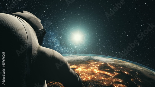 Close up of astronaut in modern spacesuit at realistic Earth planet with illuminated mainlands. Sun set at starry cosmos sky in background. Space orbital spaceman exploration in 3d animation