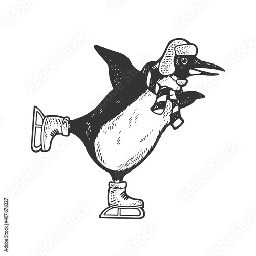 penguin on skates sketch engraving vector illustration. T-shirt apparel print design. Scratch board imitation. Black and white hand drawn image.