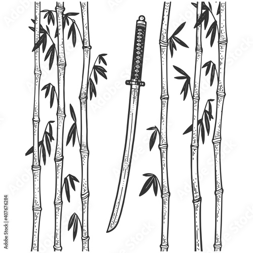 katana sword and bamboo sketch engraving vector illustration. T-shirt apparel print design. Scratch board imitation. Black and white hand drawn image.