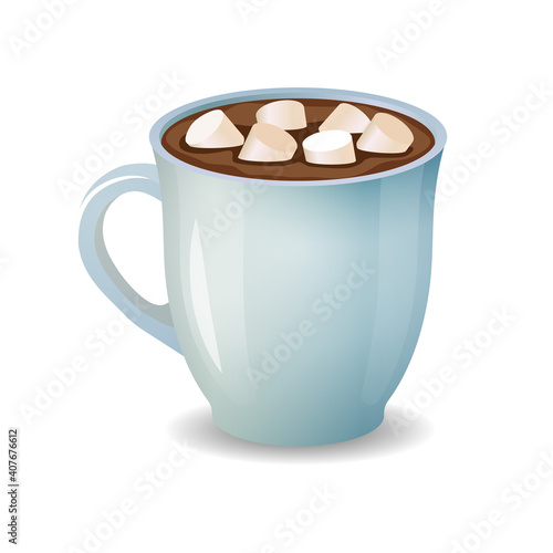 Blue cup of hot chocolate with marshmallows illustration