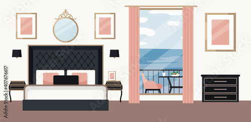 Luxurious bedroom, large bed with a headboard and bedside table. Hotel room suite. Interior design in modern style. Sea view from the window, resort and spa. Wed page for hotel. Apartment
