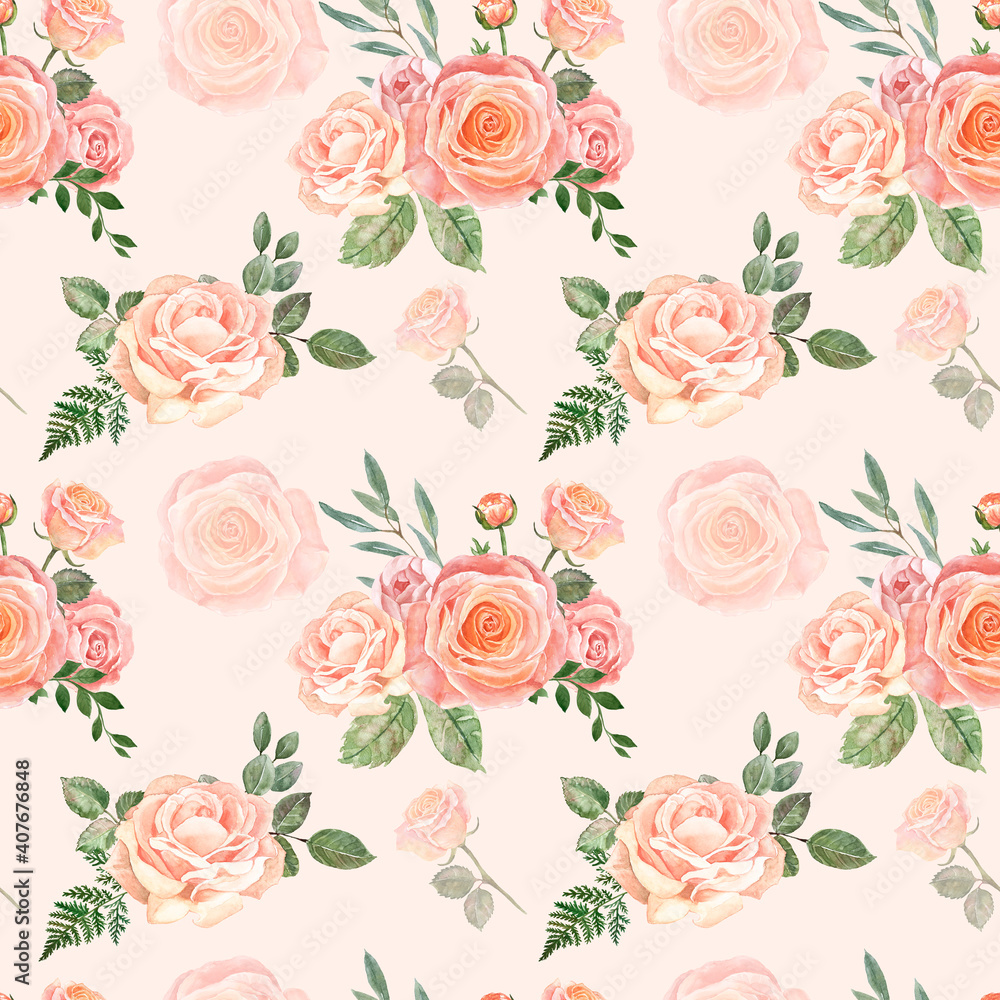 Beautiful blush pink and cream flowers and greenery seamless pattern. Watercolor hand drawn floral ornament on peach pink background. Shabby chic country style. Roses and sage green eucalyptus print.